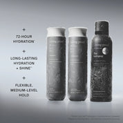Three bottles from The Hydrate + Hold Set by Living Proof—Perfect hair Day shampoo, conditioner, and Flex Hairspray—stand upright with a frosted finish, creating a festive holiday bundle. Accompanying text emphasizes 72-hour hydration, long-lasting shine and moisture, and flexible medium-level hold.