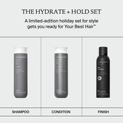 Three Living Proof hair products—Shampoo, Conditioner, and Finish—are arranged in a grid as part of The Hydrate + Hold Set, a limited-edition holiday collection featuring essentials for your best hair days, complete with Perfect hair Day favorites and Flex Hairspray for lasting style.