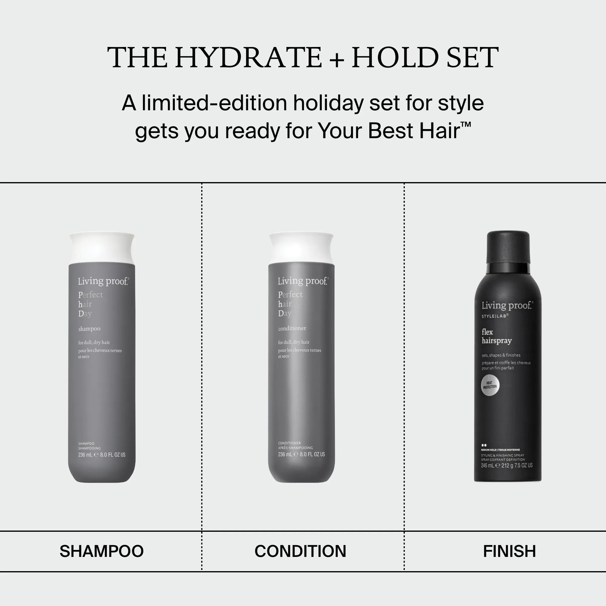 Three Living Proof hair products—Shampoo, Conditioner, and Finish—are arranged in a grid as part of The Hydrate + Hold Set, a limited-edition holiday collection featuring essentials for your best hair days, complete with Perfect hair Day favorites and Flex Hairspray for lasting style.