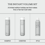 The Instant Volume Set is displayed, featuring three Living Proof hair products—volume shampoo, conditioner, and texture spray—designed to create fuller, more voluminous hair.