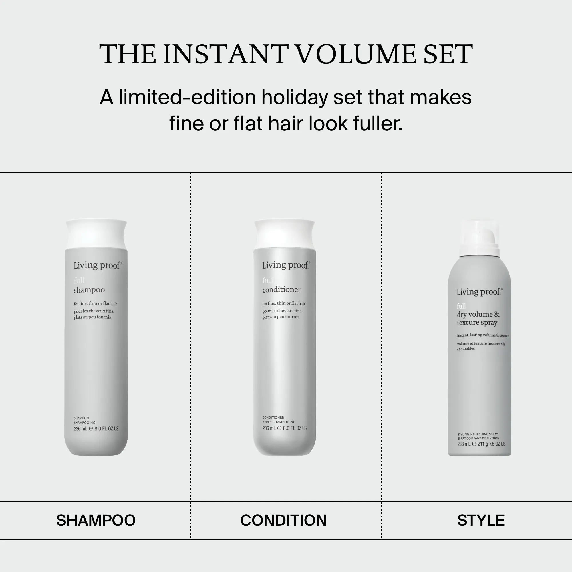 The Instant Volume Set is displayed, featuring three Living Proof hair products—volume shampoo, conditioner, and texture spray—designed to create fuller, more voluminous hair.