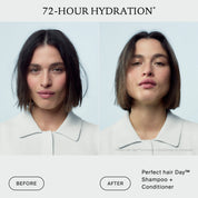 Split image shows a woman before and after using The Hydrate + Hold Set. Left: her hair looks dry. Right: her hair appears smoother and shinier, as if styled with The Hydrate + Hold Set for added hold and shine. Text highlights 72-hour hydration benefits—perfect for a holiday set or your next Perfect hair Day.