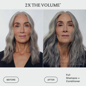 Side-by-side photos of a woman with gray hair; left is labeled “before,” and right “after,” showing fuller, more voluminous hair. Text above reads “2X THE VOLUME*,” with The Instant Volume Set on the right for visibly fuller hair.