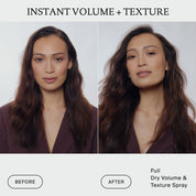 Side-by-side of a woman before and after using The Instant Volume Set; left shows smooth, flat hair, right shows fuller hair with voluminous, wavy texture. Text reads “Instant Volume + Texture with The Instant Volume Set.”.