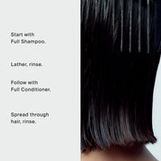Instructions for The Instant Volume Set are shown beside wet, freshly washed hair being combed downwards. The steps explain to lather and rinse The Instant Volume Set shampoo for fuller hair, then apply and rinse the conditioner through the hair. For added body, finish with a light texture spray.