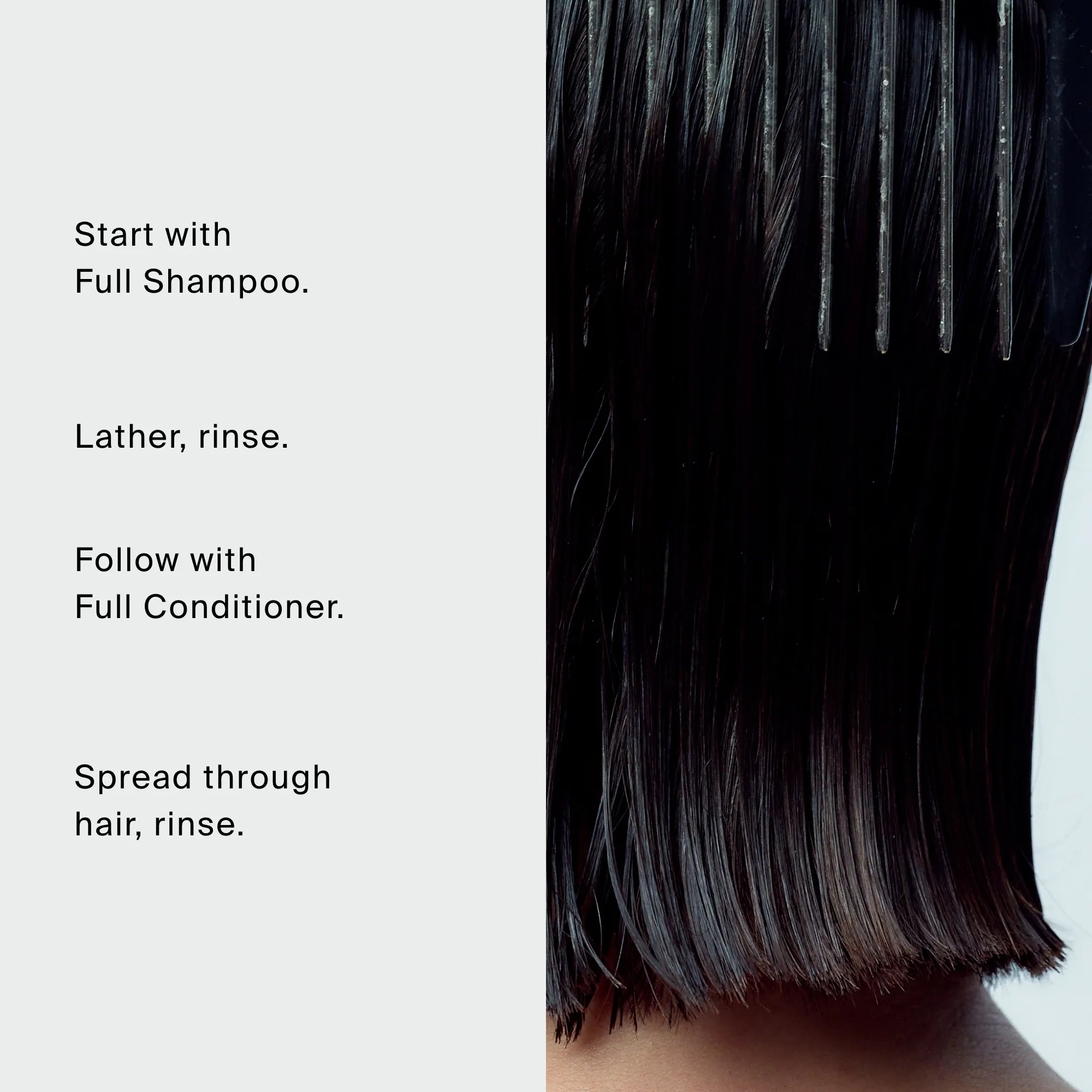 Instructions for The Instant Volume Set are shown beside wet, freshly washed hair being combed downwards. The steps explain to lather and rinse The Instant Volume Set shampoo for fuller hair, then apply and rinse the conditioner through the hair. For added body, finish with a light texture spray.