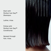 Close-up of wet, dark hair being combed, next to text giving step-by-step instructions for using The Hydrate + Hold Set.