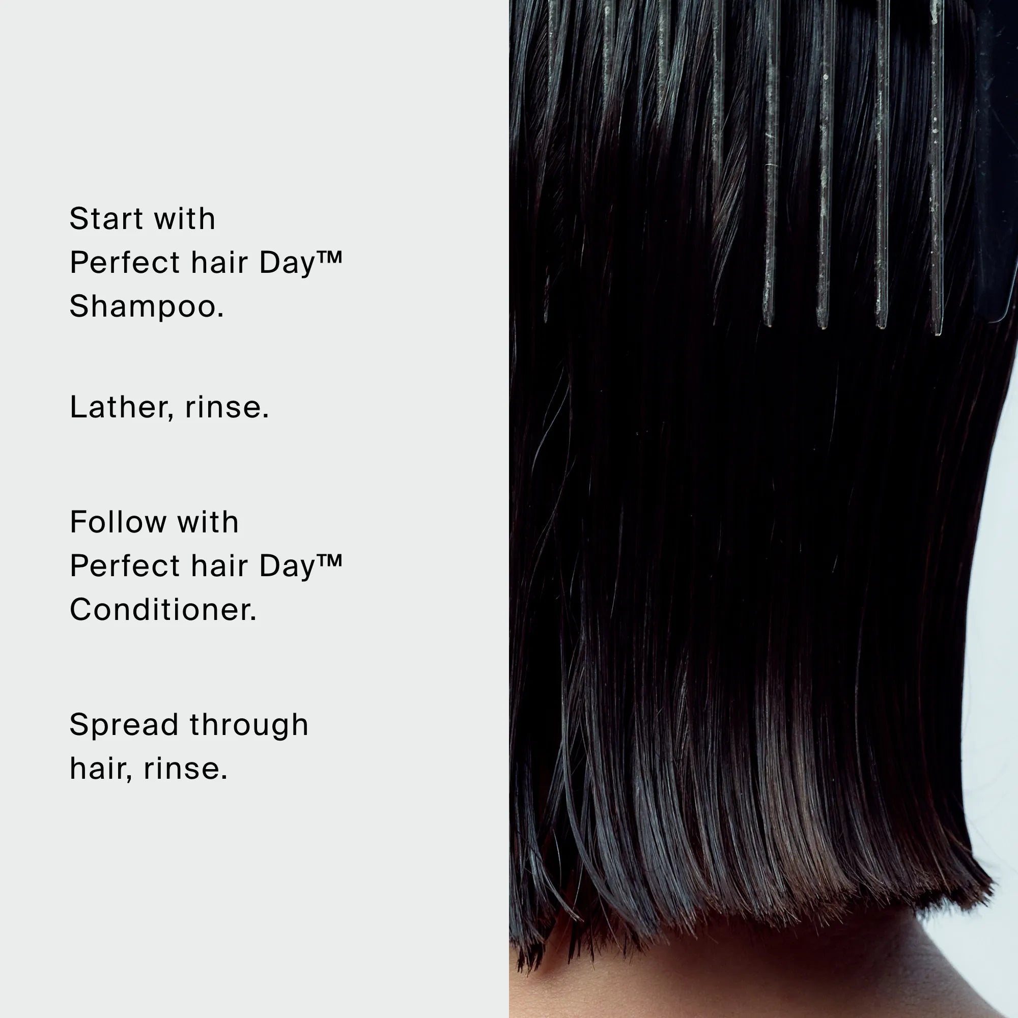 Close-up of wet, dark hair being combed, next to text giving step-by-step instructions for using The Hydrate + Hold Set.