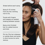 A woman applies The Instant Volume Set dry shampoo to her roots for a boost similar to a volume shampoo, with detailed application instructions displayed on the left side of the image.