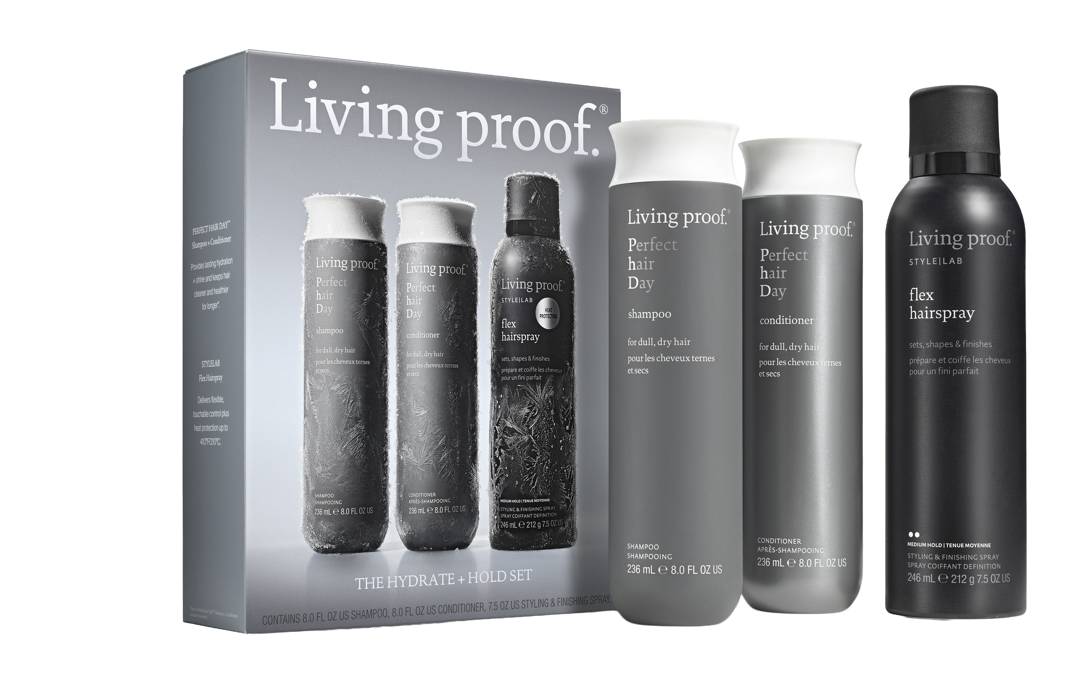 The Hydrate + Hold Set featuring Perfect hair Day shampoo, conditioner, and Flex Hairspray bottles beautifully displayed next to the product box on a white background.