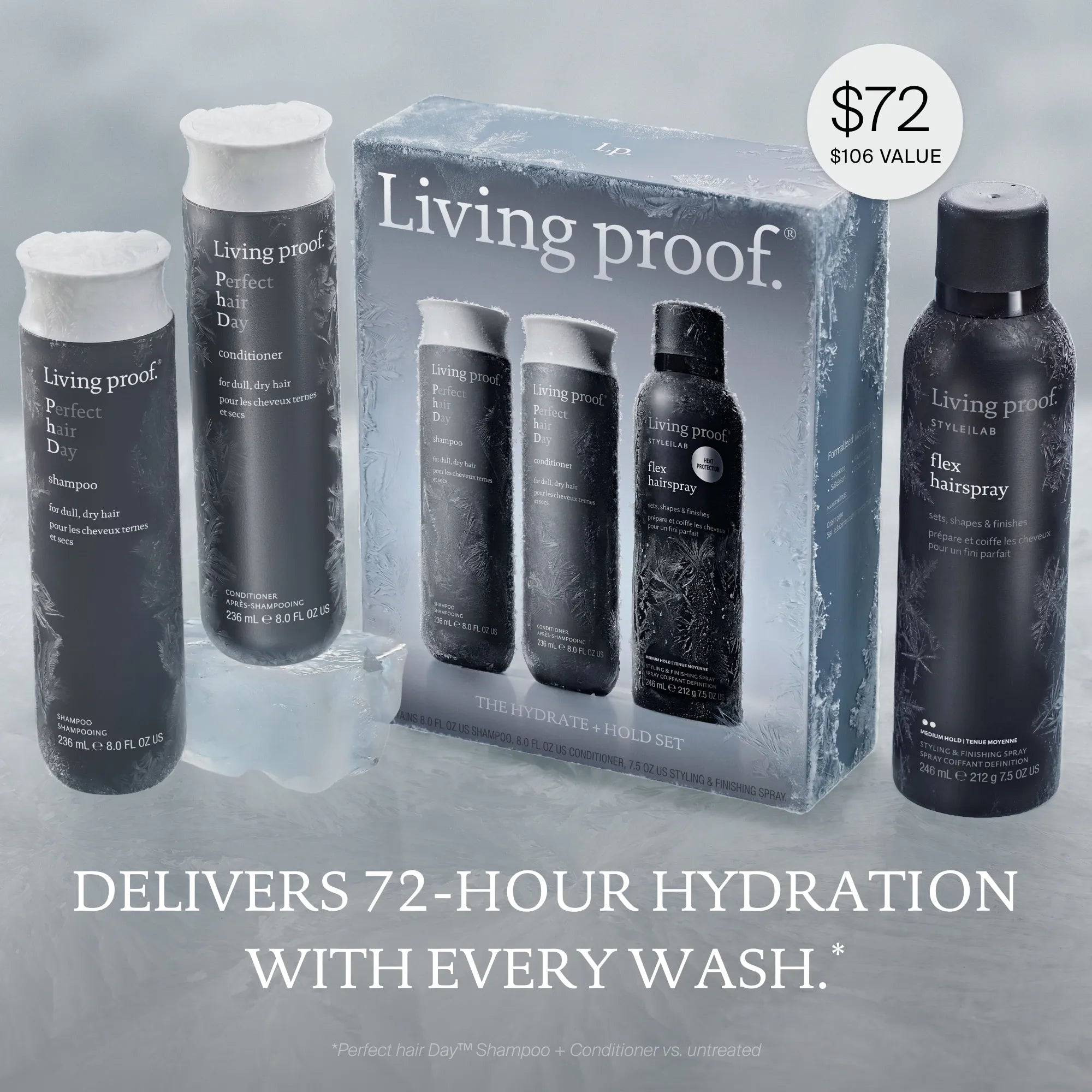 The Hydrate + Hold Set holiday collection features bottles of shampoo, conditioner, and Flex Hairspray, all packaged in a festive box. The set is priced at $72 with a $106 value and delivers 72-hour hydration with every wash.