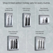 Shop limited-edition holiday sets. Five Living Proof holiday hair care sets in boxes, each labeled: The Instant Volume Set, The Style Refresh Set, The Classic Clean Set, The Travel Essentials Set, and The Hydrate + Hold Set. Each set features must-haves like texture spray and volume shampoo for fuller hair all season long.