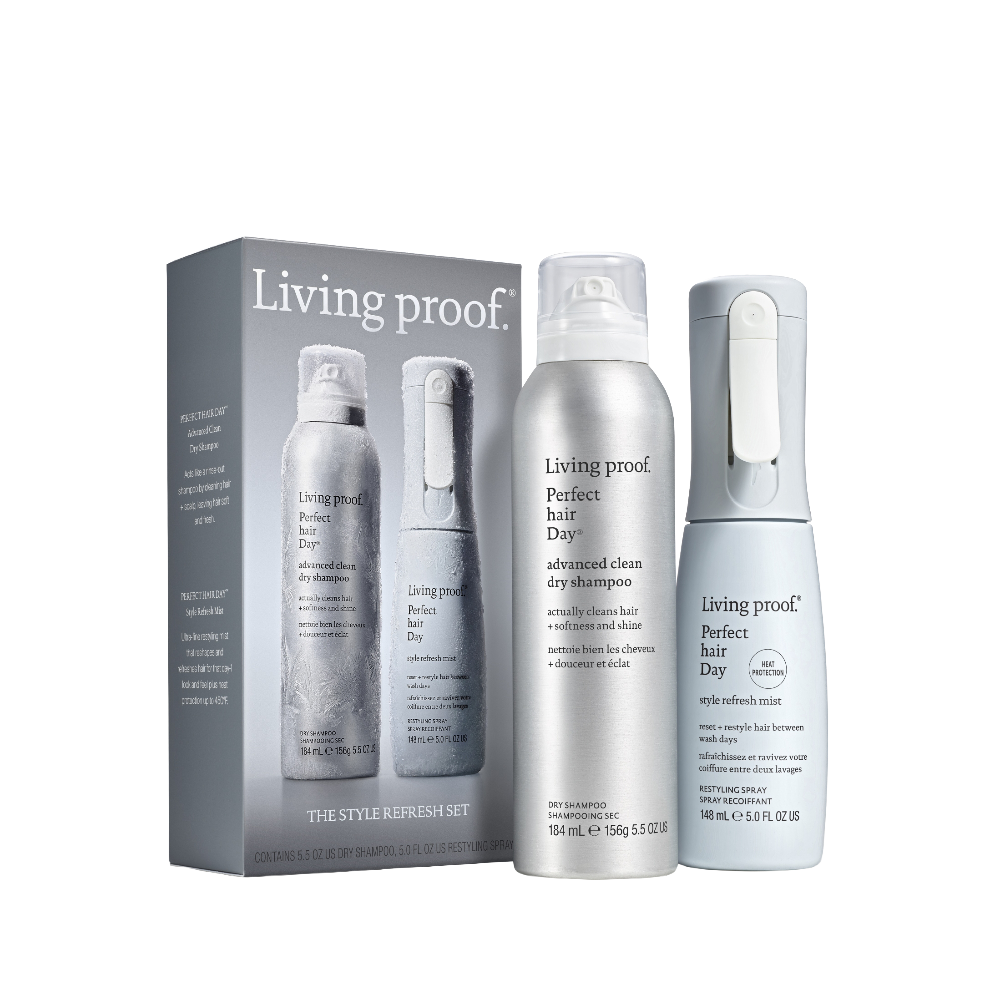 The Style Refresh Set is the perfect holiday gift, featuring a silver box, a tall can of dry shampoo spray, and a light gray bottle of style refresh mist—each labeled Perfect hair Day. The products are arranged side by side on a white background.
