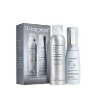 The Style Refresh Set is the perfect holiday gift, featuring a silver box, a tall can of dry shampoo spray, and a light gray bottle of style refresh mist—each labeled Perfect hair Day. The products are arranged side by side on a white background.