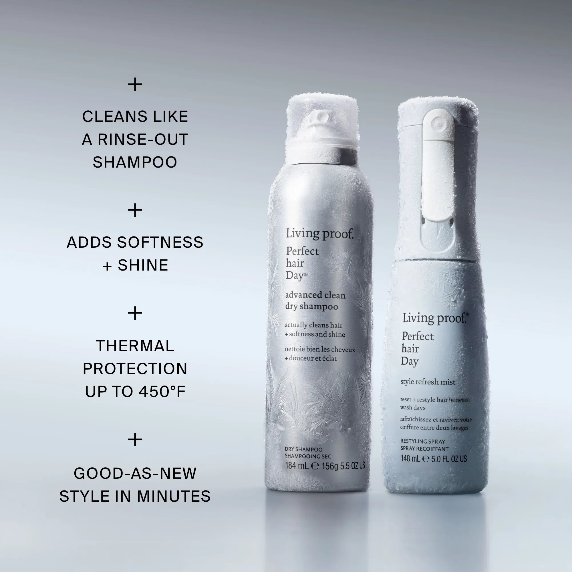 Two frosted bottles from The Style Refresh Set by Living Proof stand upright on a gray surface. Text beside them highlights key benefits: cleans like dry shampoo, adds softness and shine, provides thermal protection, and refreshes your style in minutes—making this the perfect duo for your next holiday set or misting routine.