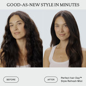 Split-screen visuals display a woman with wavy, slightly frizzy hair on the left and smoother, shinier hair on the right, demonstrating the instant transformation from The Style Refresh Set. “Before” and “After” text highlights the remarkable results, showcasing why this set is an essential addition to your holiday routine.