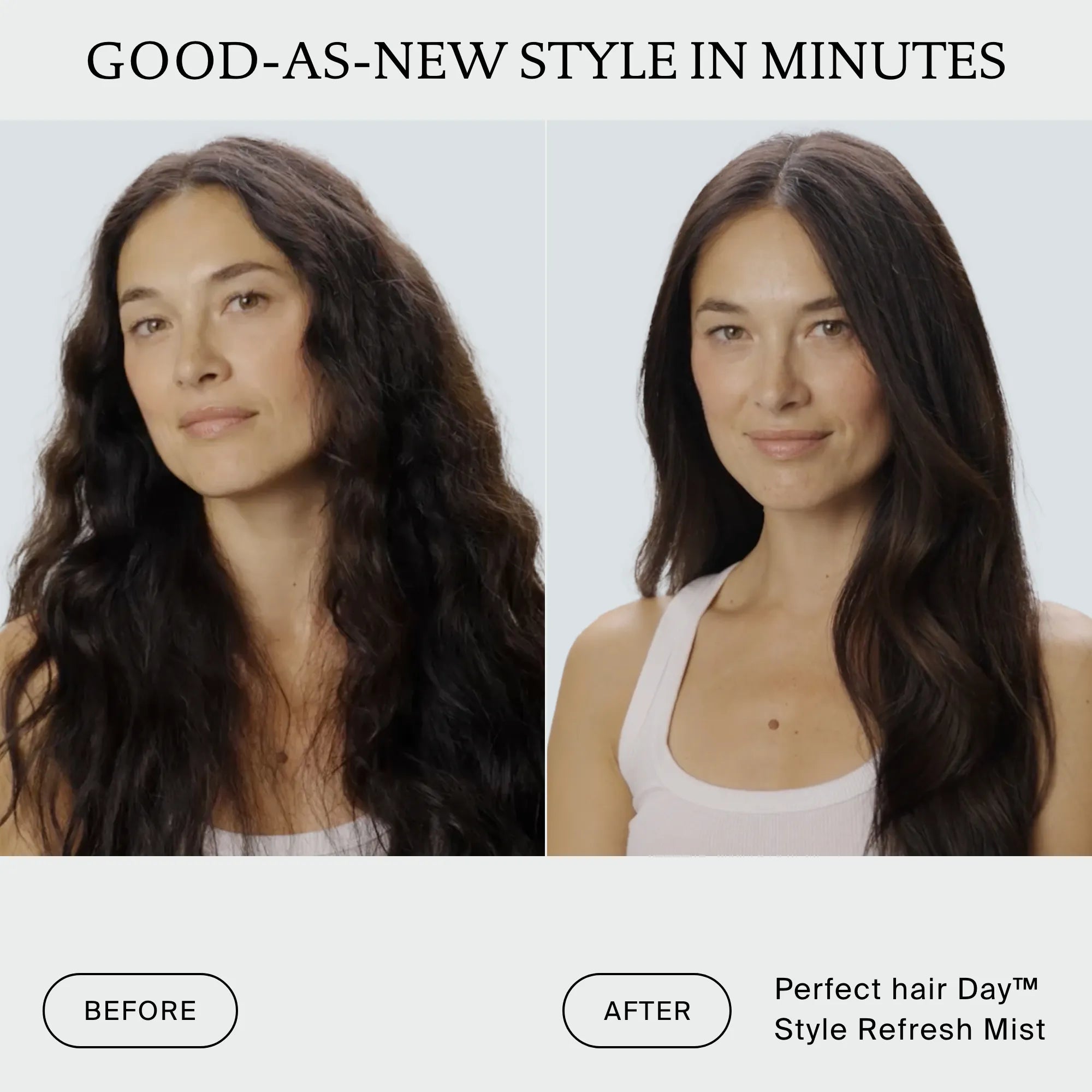 Split-screen visuals display a woman with wavy, slightly frizzy hair on the left and smoother, shinier hair on the right, demonstrating the instant transformation from The Style Refresh Set. “Before” and “After” text highlights the remarkable results, showcasing why this set is an essential addition to your holiday routine.