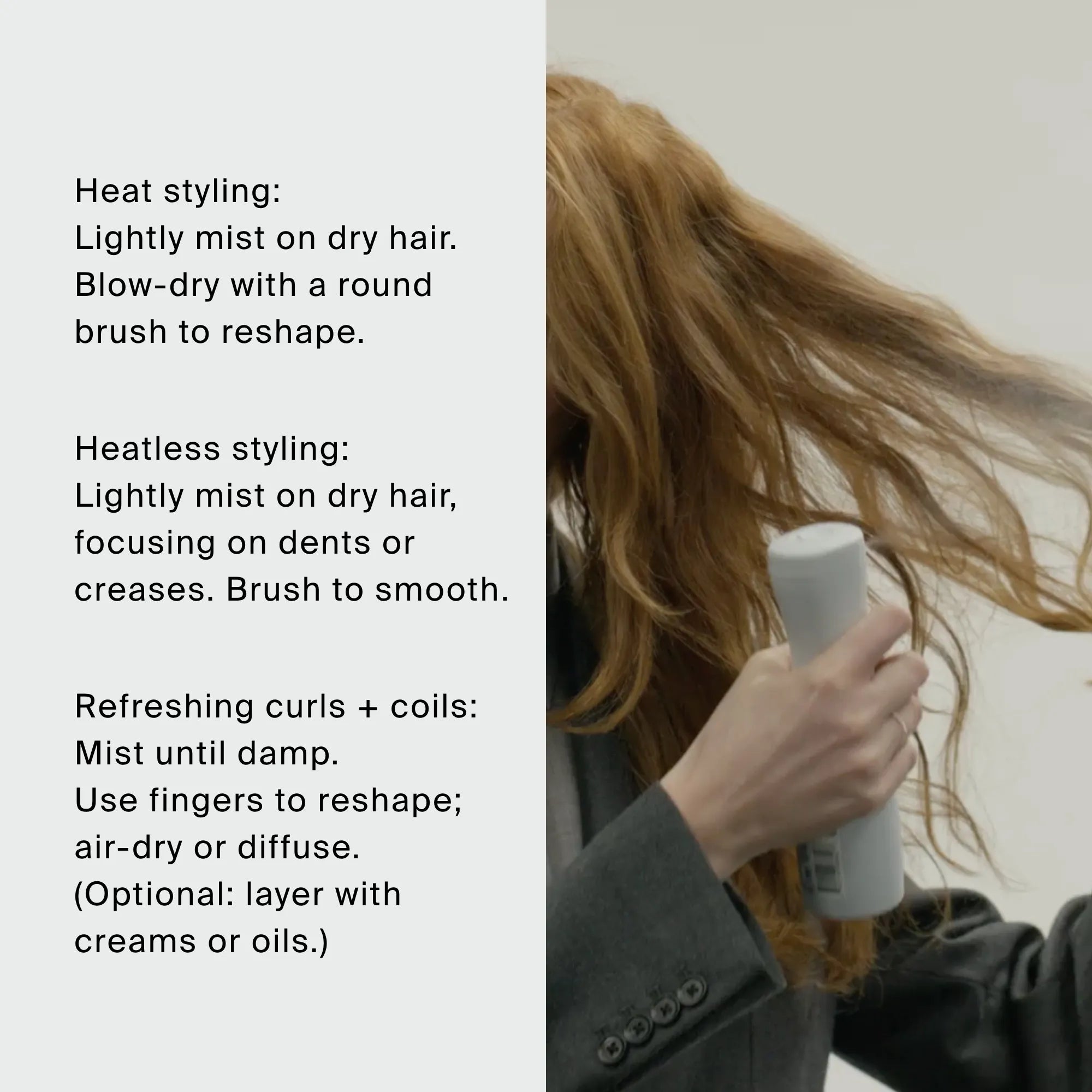 A person with long, wavy red hair uses a spray bottle on their hair. The text shares tips for both heat and heatless styling, plus advice for reviving curls by misting with The Style Refresh Set and then brushing or reshaping with your fingers—ideal for maintaining flawless hair between washes at home or while traveling with this holiday set.