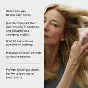 A woman sprays The Style Refresh Set dry shampoo on her hair. Instructions on the left explain how to apply the product: shake well, spray evenly, wait 30 seconds, massage in, and reapply for best results. This simple routine is perfect for a quick style refresh between washes or as an essential part of your holiday set.