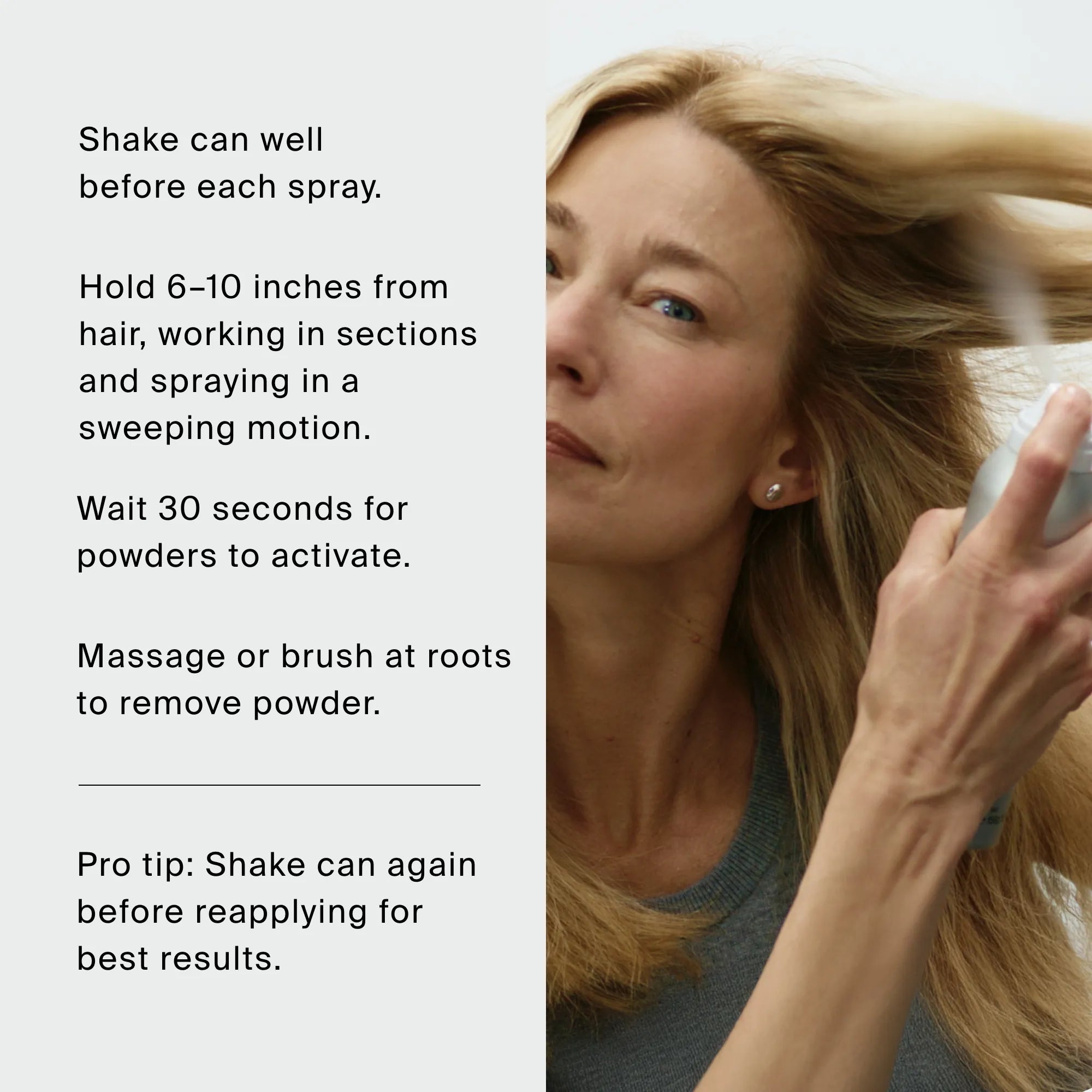 A woman sprays The Style Refresh Set dry shampoo on her hair. Instructions on the left explain how to apply the product: shake well, spray evenly, wait 30 seconds, massage in, and reapply for best results. This simple routine is perfect for a quick style refresh between washes or as an essential part of your holiday set.