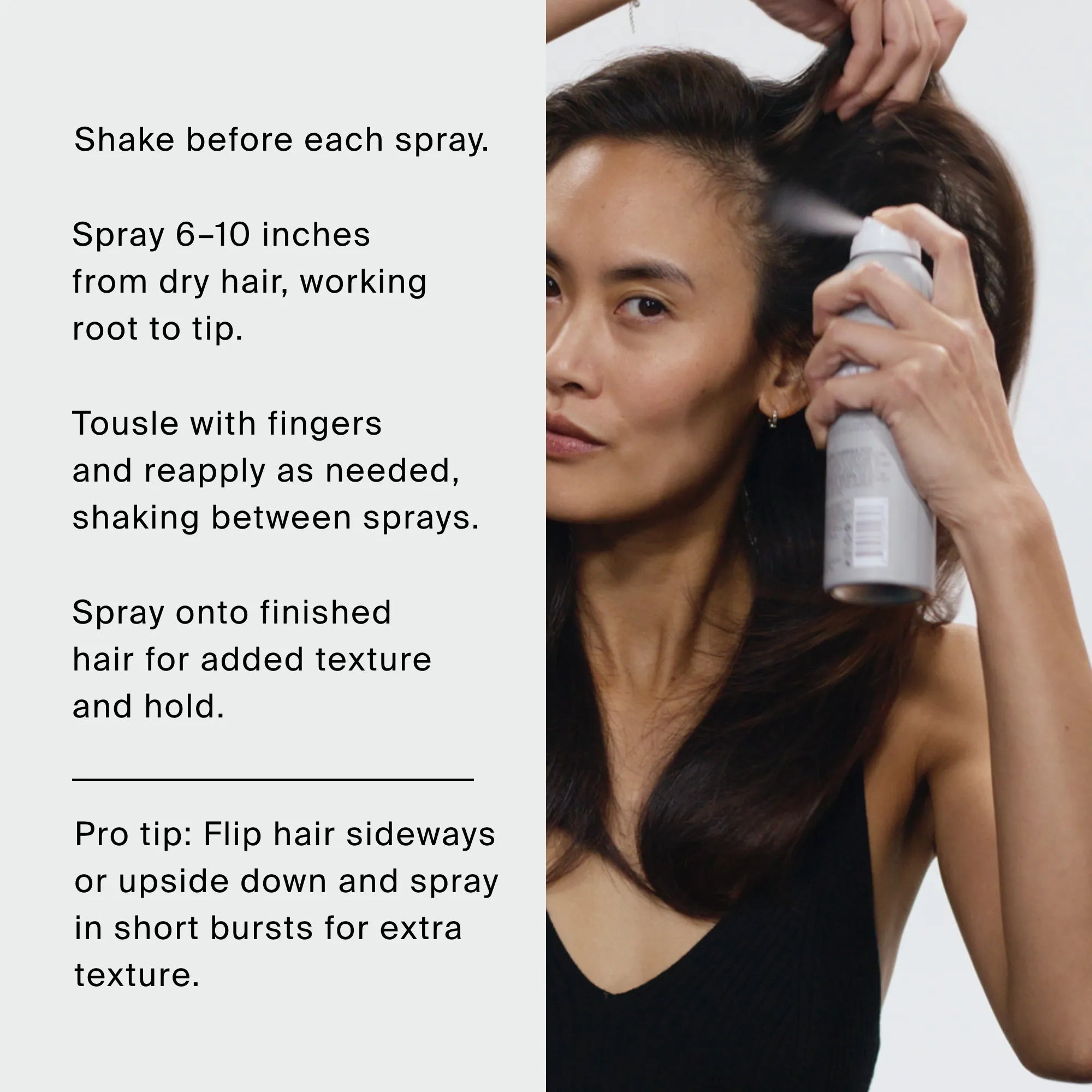 A woman uses The Travel Essentials Set to spray Dry Volume & Texture Spray onto her hair, while instructions for use and a pro tip for adding texture appear on the left side of the image.