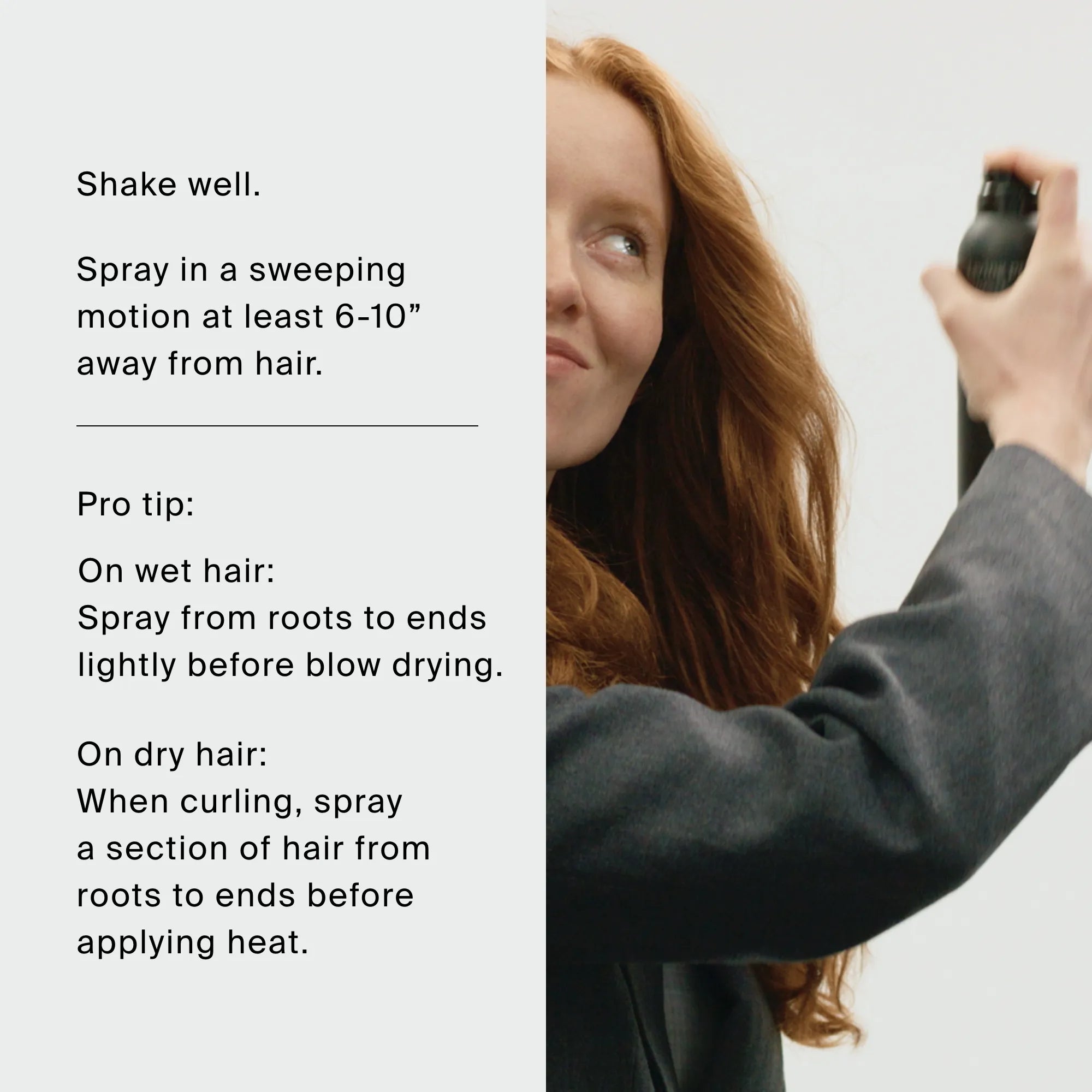 A woman with long red hair sprays The Travel Essentials Set’s Dry Volume & Texture Spray onto her locks. Instructions about spraying distance and pro tips for using on both wet and dry hair are displayed beside her on a white background.