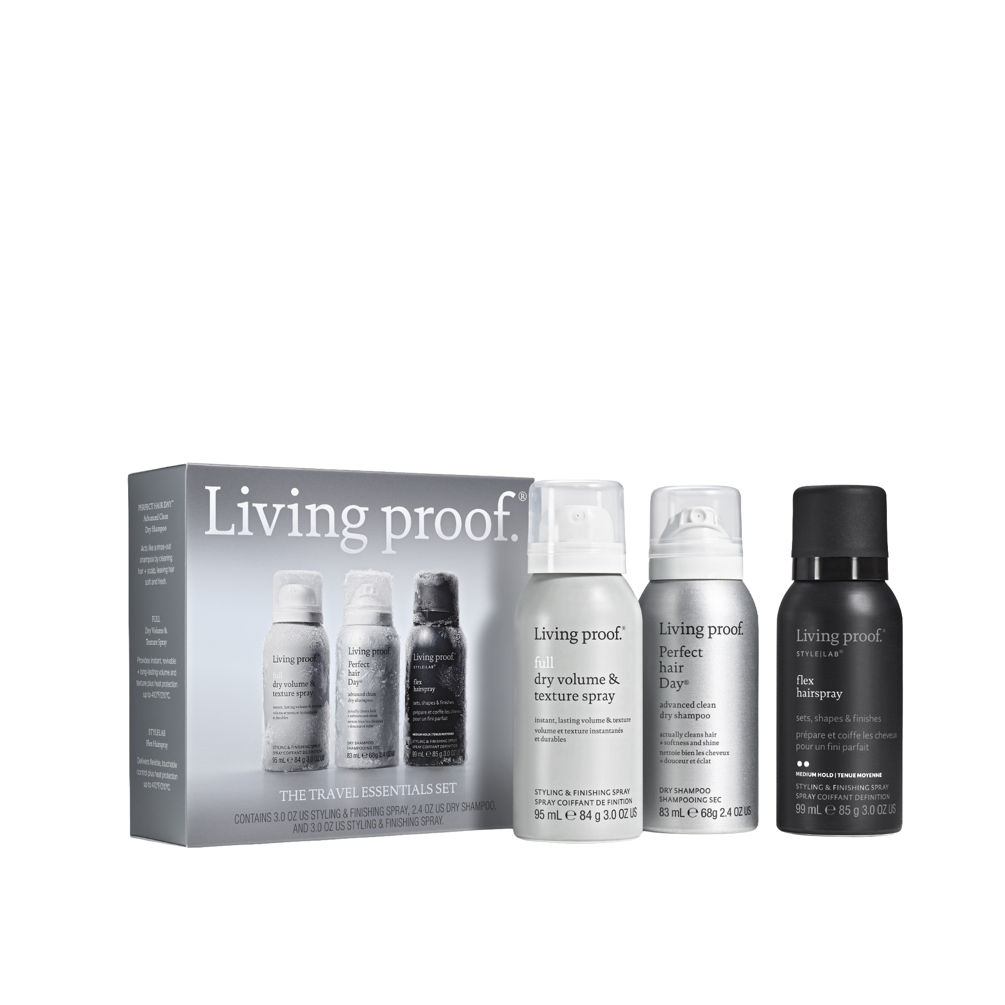The Travel Essentials Set by Living Proof, featuring three hair products—Dry Volume & Texture Spray, Advanced Clean Dry Shampoo, and shampoo—arranged beside the product box, which showcases images and details about the items.