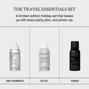 Three travel-sized hair products from The Travel Essentials Set by Living Proof—Advanced Clean Dry Shampoo, Dry Volume & Texture Spray, and Flex Hairspray—are showcased in a minimal layout accompanied by descriptive text.