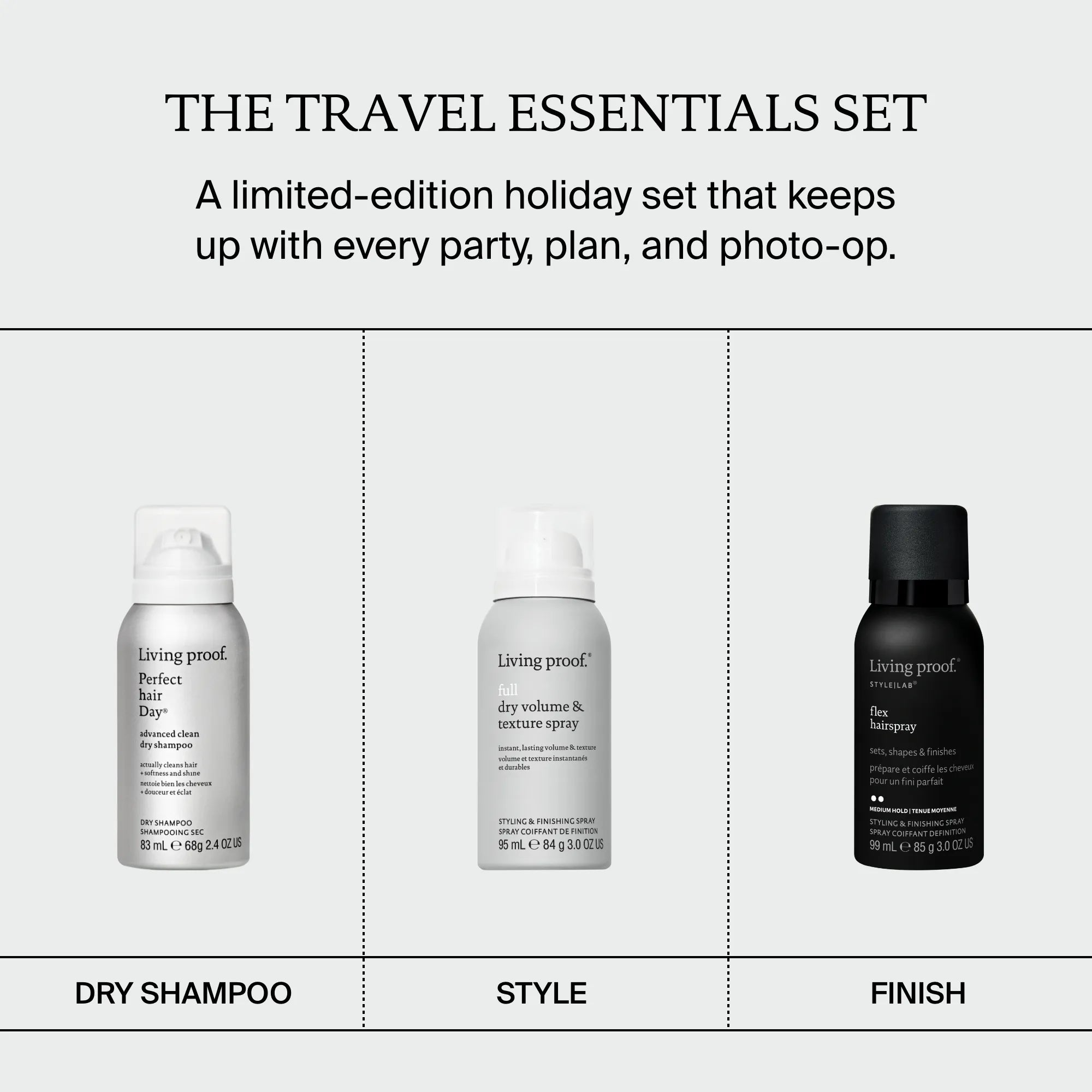 Three travel-sized hair products from The Travel Essentials Set by Living Proof—Advanced Clean Dry Shampoo, Dry Volume & Texture Spray, and Flex Hairspray—are showcased in a minimal layout accompanied by descriptive text.