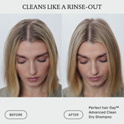 Side-by-side photos of a woman’s hair before and after using The Travel Essentials Set; left shows oily roots, right shows clean, refreshed hair. Text: Cleans like a rinse-out.