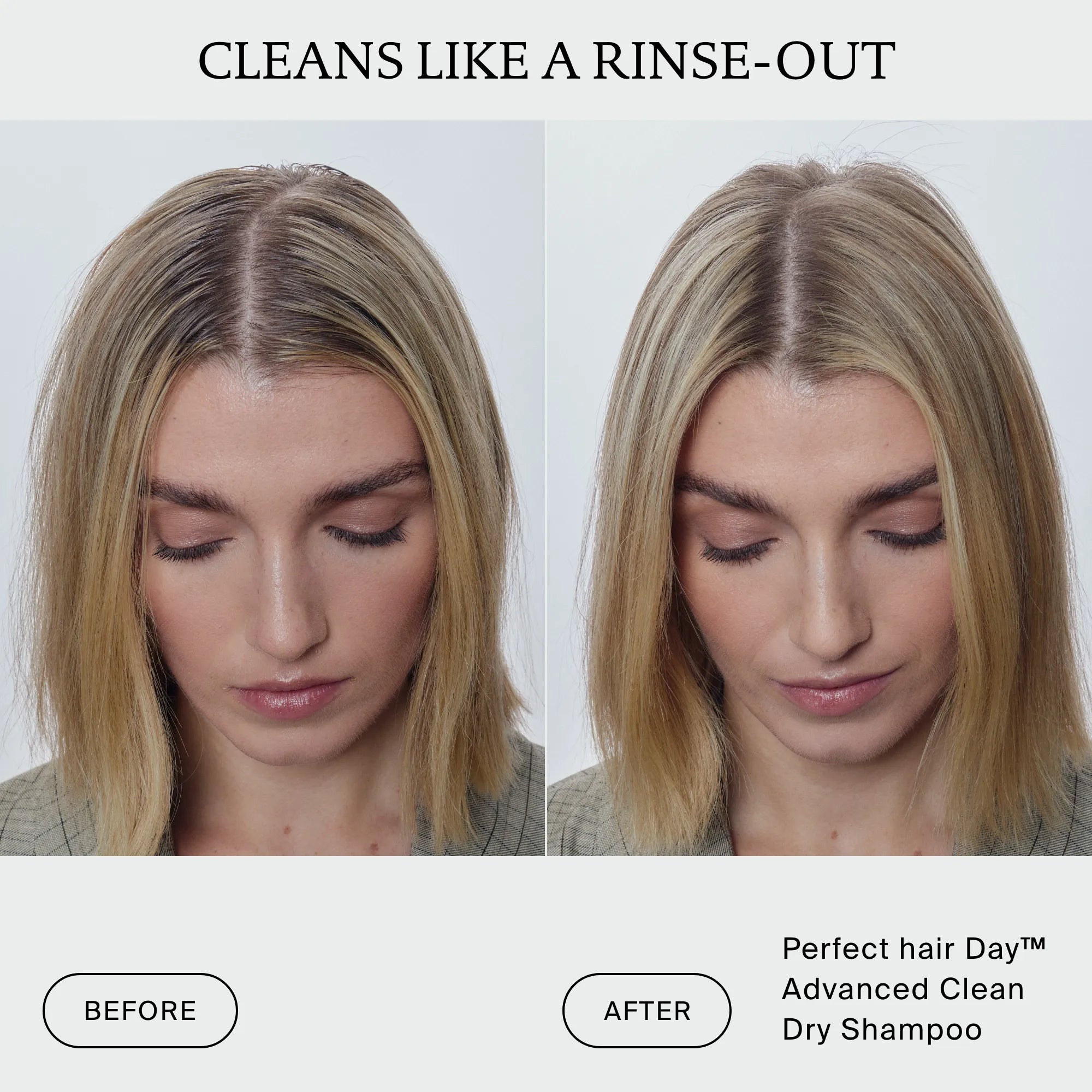 Side-by-side photos of a woman’s hair before and after using The Travel Essentials Set; left shows oily roots, right shows clean, refreshed hair. Text: Cleans like a rinse-out.