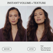 Split image showing a woman before and after using The Travel Essentials Set; left side has smooth, flat hair, right side shows fuller, voluminous, textured hair. Text: INSTANT VOLUME + TEXTURE, BEFORE, AFTER, and The Travel Essentials Set.