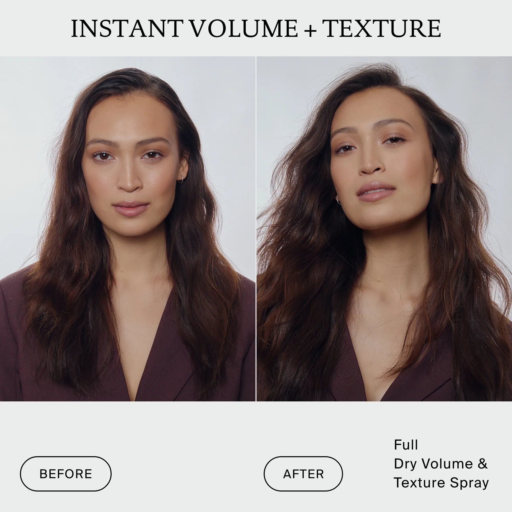 Split image showing a woman before and after using The Travel Essentials Set; left side has smooth, flat hair, right side shows fuller, voluminous, textured hair. Text: INSTANT VOLUME + TEXTURE, BEFORE, AFTER, and The Travel Essentials Set.