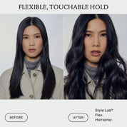 A woman shown before with straight hair and after with wavy hair. Text reads Flexible, Touchable Hold and The Travel Essentials Set. Before and after photos highlight the product’s effect on hair texture, demonstrating how The Travel Essentials Set delivers soft, lasting waves for effortless style.