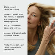 A woman uses a can from The Travel Essentials Set to apply Dry Volume & Texture Spray, following text instructions to shake well before use, hold the spray 6–10 inches from her hair, and brush out any powder.