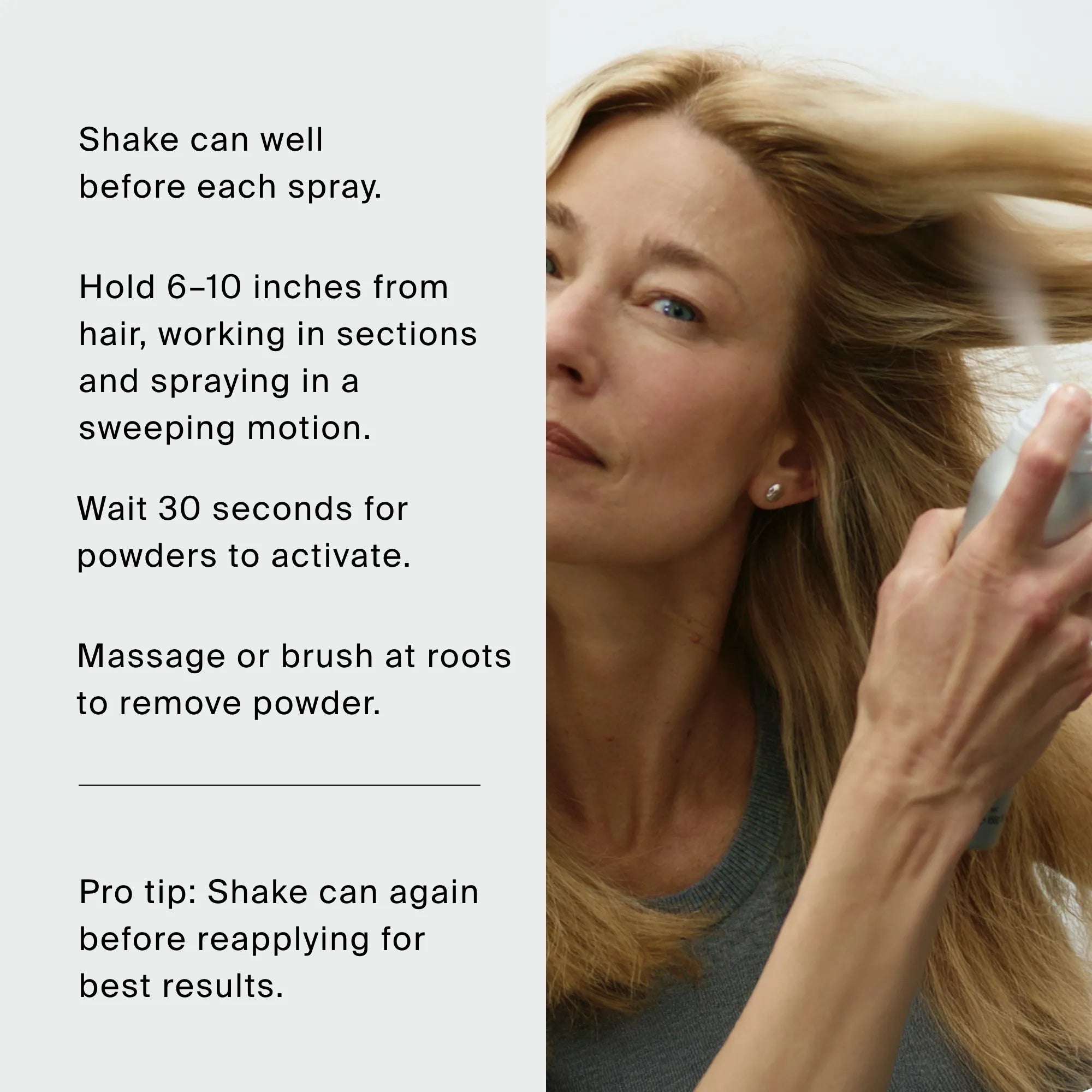 A woman uses a can from The Travel Essentials Set to apply Dry Volume & Texture Spray, following text instructions to shake well before use, hold the spray 6–10 inches from her hair, and brush out any powder.