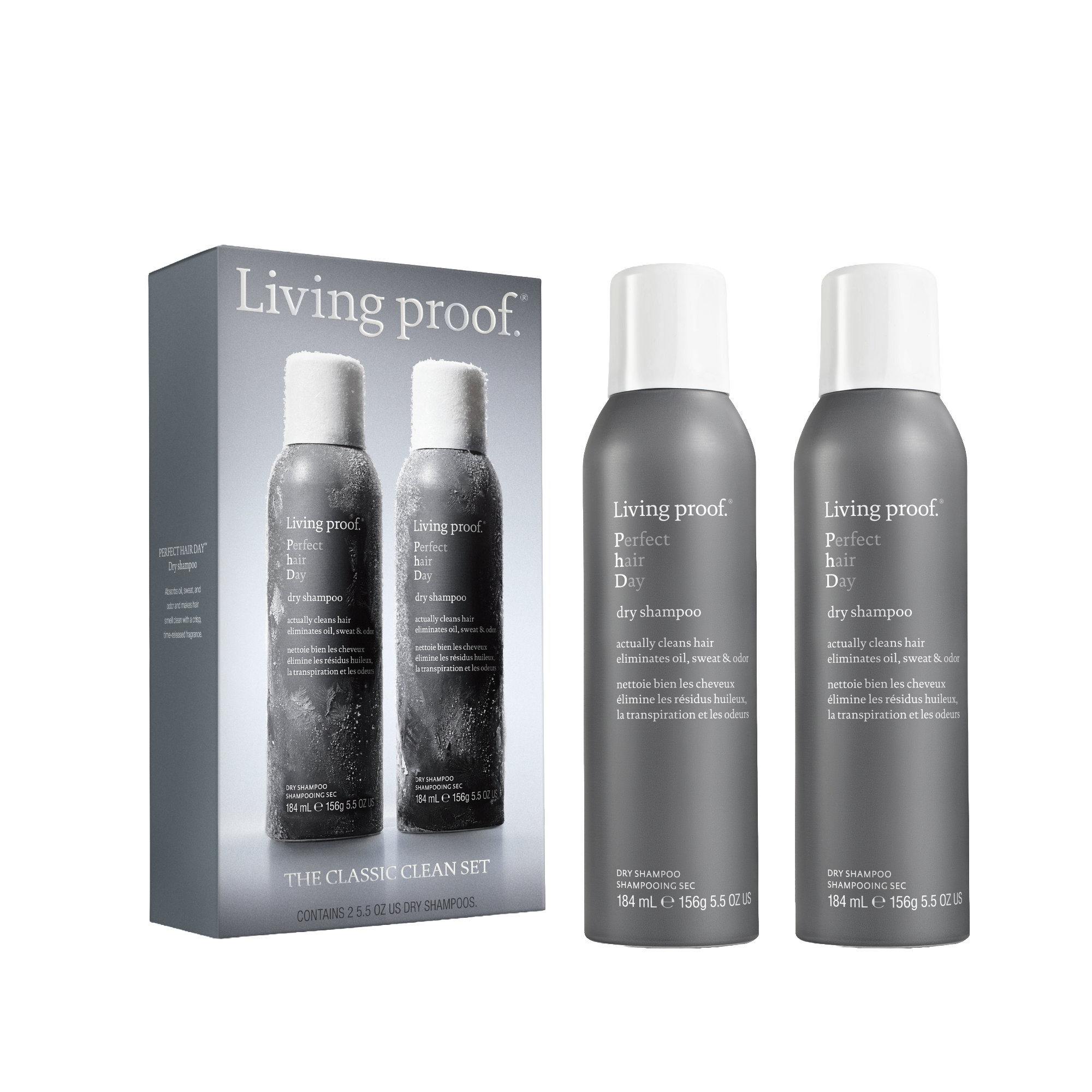 Two gray bottles from The Classic Clean Dry Shampoo Set sit next to their product box, which displays an image of the matching bottles and product details—a perfect holiday set for refreshing your hair on the go.