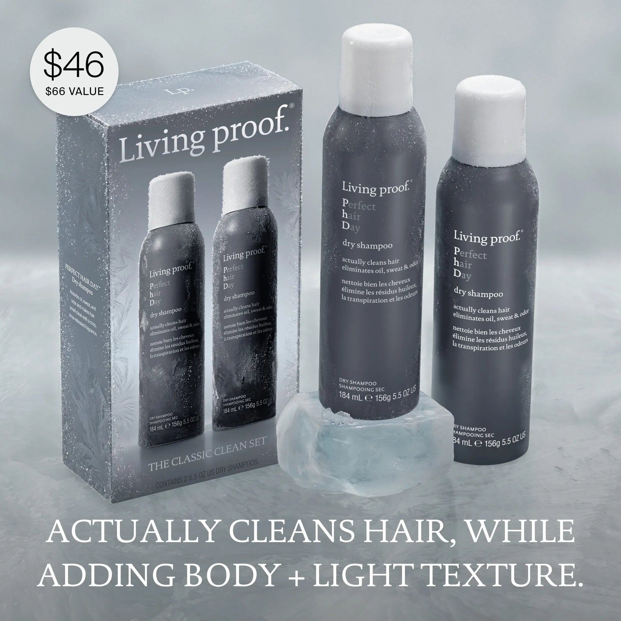 The Classic Clean Dry Shampoo Set: This holiday set includes two bottles of Living Proof Perfect Hair Day Dry Shampoo in elegant packaging, beautifully displayed on a frosted surface. Text on packaging: ACTUALLY CLEANS HAIR, WHILE ADDING BODY + LIGHT TEXTURE. Price: $46 ($66 value).
