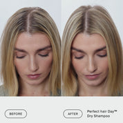 Side-by-side photos of a woman looking down: on the left, her hair looks oily; on the right, her hair appears cleaner and more voluminous after using The Classic Clean Dry Shampoo Set—a must-have dry shampoo that’s perfect for any holiday set.