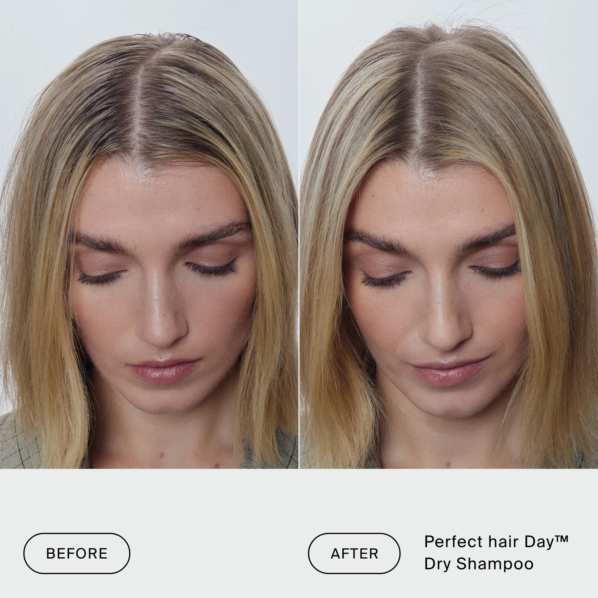 Side-by-side photos of a woman looking down: on the left, her hair looks oily; on the right, her hair appears cleaner and more voluminous after using The Classic Clean Dry Shampoo Set—a must-have dry shampoo that’s perfect for any holiday set.