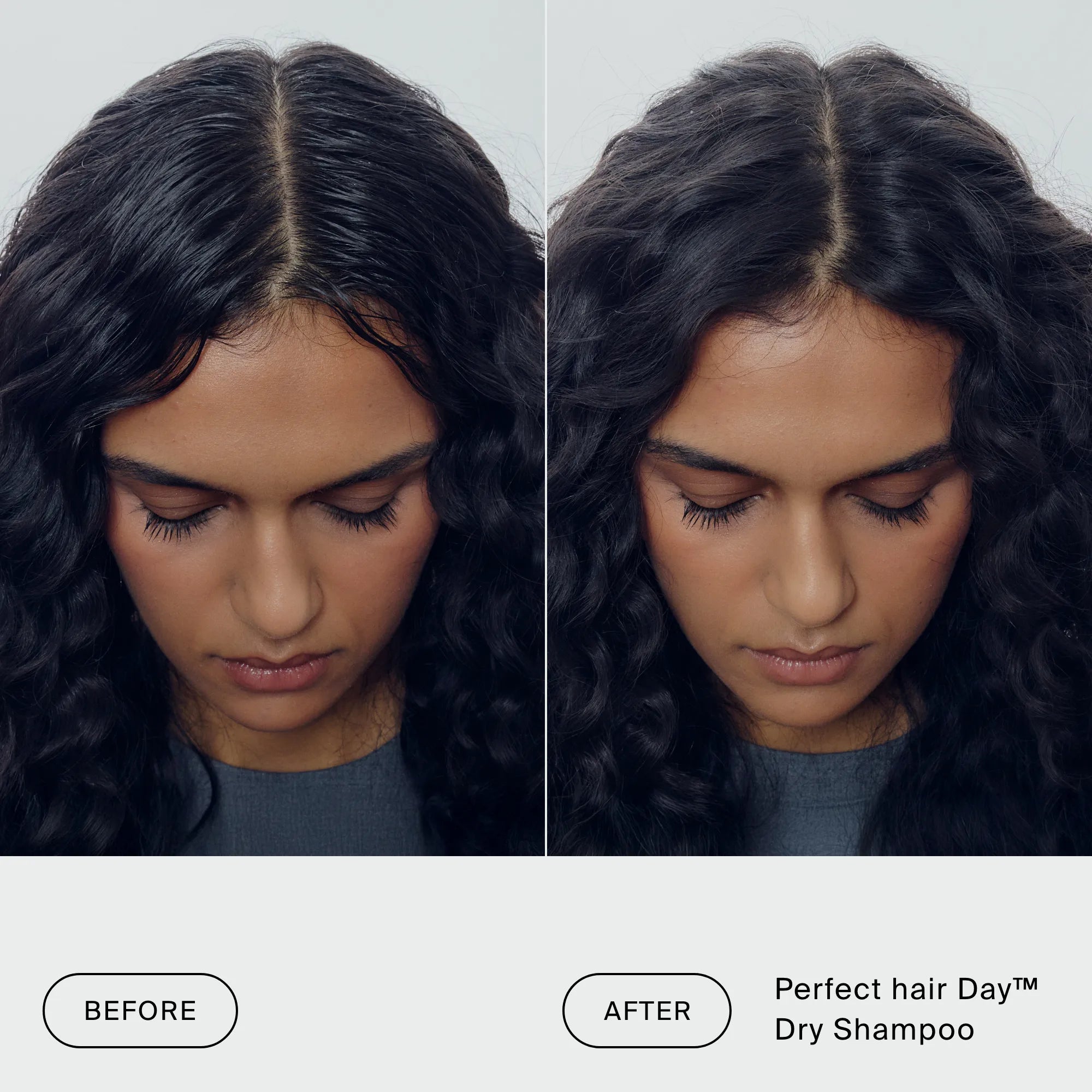 A woman with curly hair is shown before and after using The Classic Clean Dry Shampoo Set; the before side reveals oily roots, while the after side displays refreshed, volumized hair—perfect for including in your holiday set.