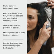 A person sprays The Classic Clean Dry Shampoo Set on their hair, holding the can close. Text instructions on the left explain how to use dry shampoo, including shaking the can, spraying, waiting, and brushing through hair. This easy routine is perfect for a quick refresh—especially as part of your holiday set essentials.