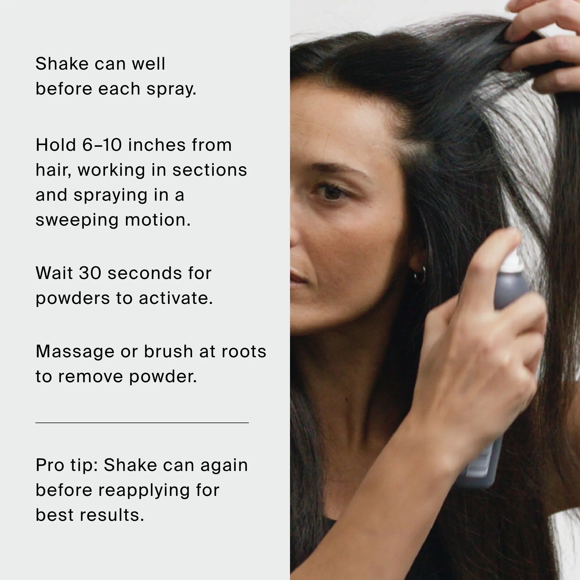 A person sprays The Classic Clean Dry Shampoo Set on their hair, holding the can close. Text instructions on the left explain how to use dry shampoo, including shaking the can, spraying, waiting, and brushing through hair. This easy routine is perfect for a quick refresh—especially as part of your holiday set essentials.