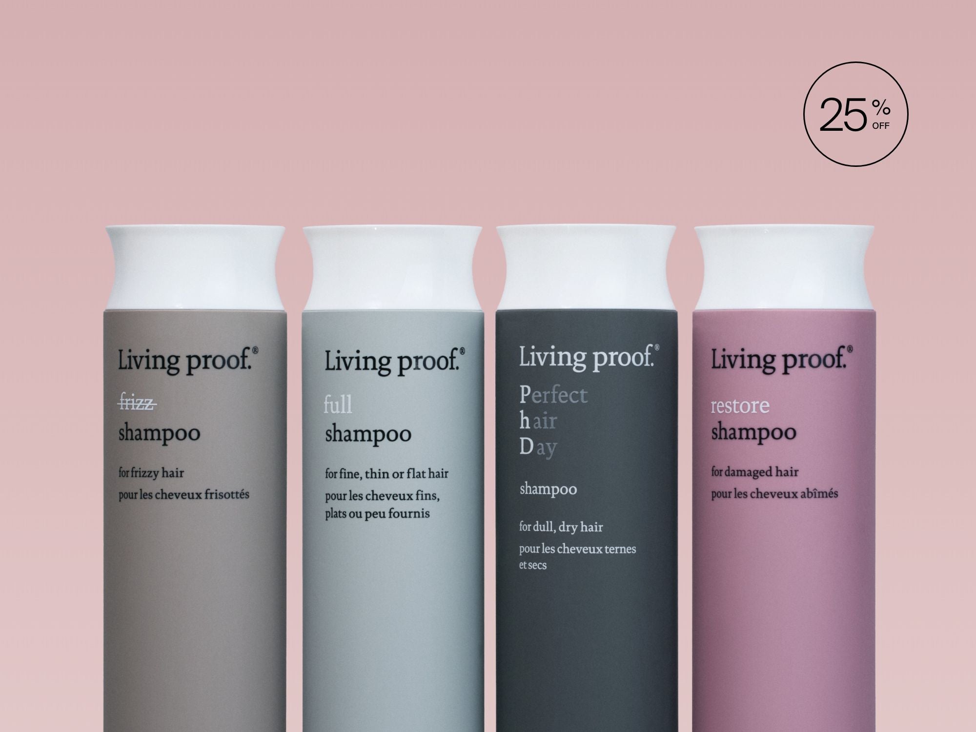 Four Living Proof shampoo bottles on a pink background with a 25% off discount label.