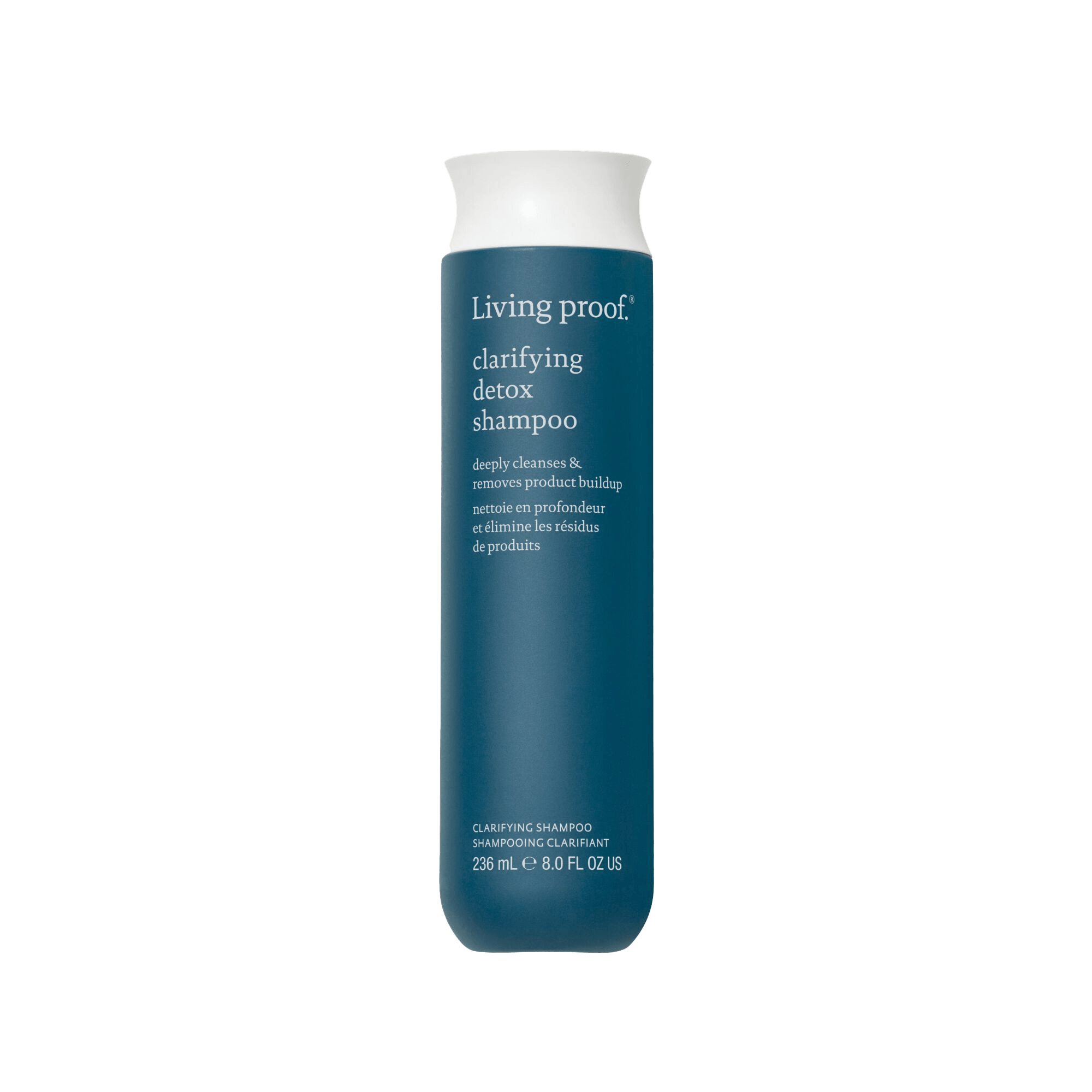 A teal bottle of Clarifying Detox Shampoo with a white cap and white text, designed to deeply cleanse and remove buildup—including from hard water. The bottle contains 236 ml (8 fl oz) of shampoo.