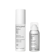 Living proof Perfect Hair Day set featuring a 100 mL sheer clean dry shampoo mist bottle and a 83 mL advanced clean dry shampoo foam bottle, both in white and light gray packaging on a solid white background.