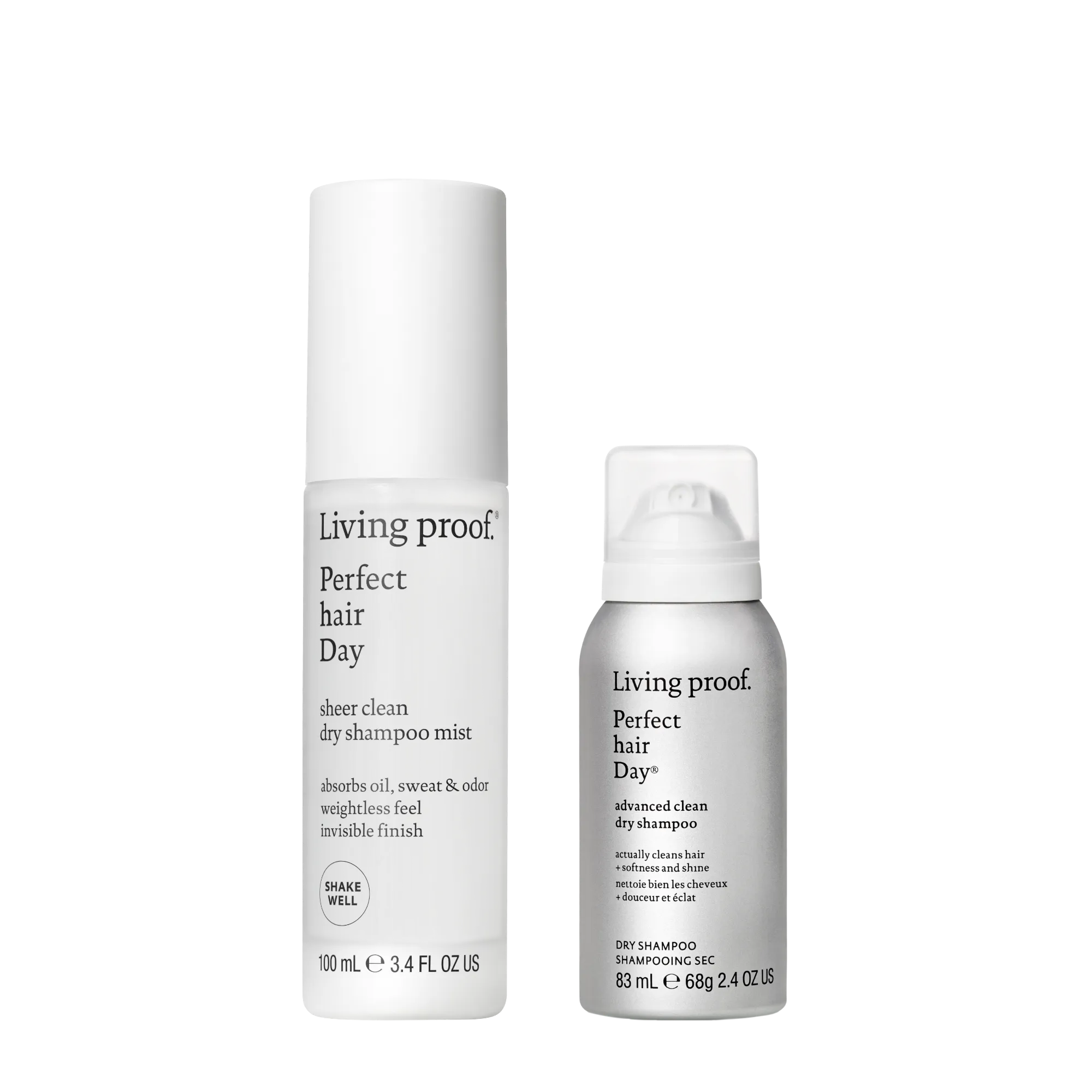 Living proof Perfect Hair Day set featuring a 100 mL sheer clean dry shampoo mist bottle and a 83 mL advanced clean dry shampoo foam bottle, both in white and light gray packaging on a solid white background.