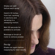 Close-up of a woman with brown hair, looking down. Text instructions for using Perfect hair Day™ Frosted Fig Advanced Clean Dry Shampoo (limited-edition) are overlaid on the left side of the image.