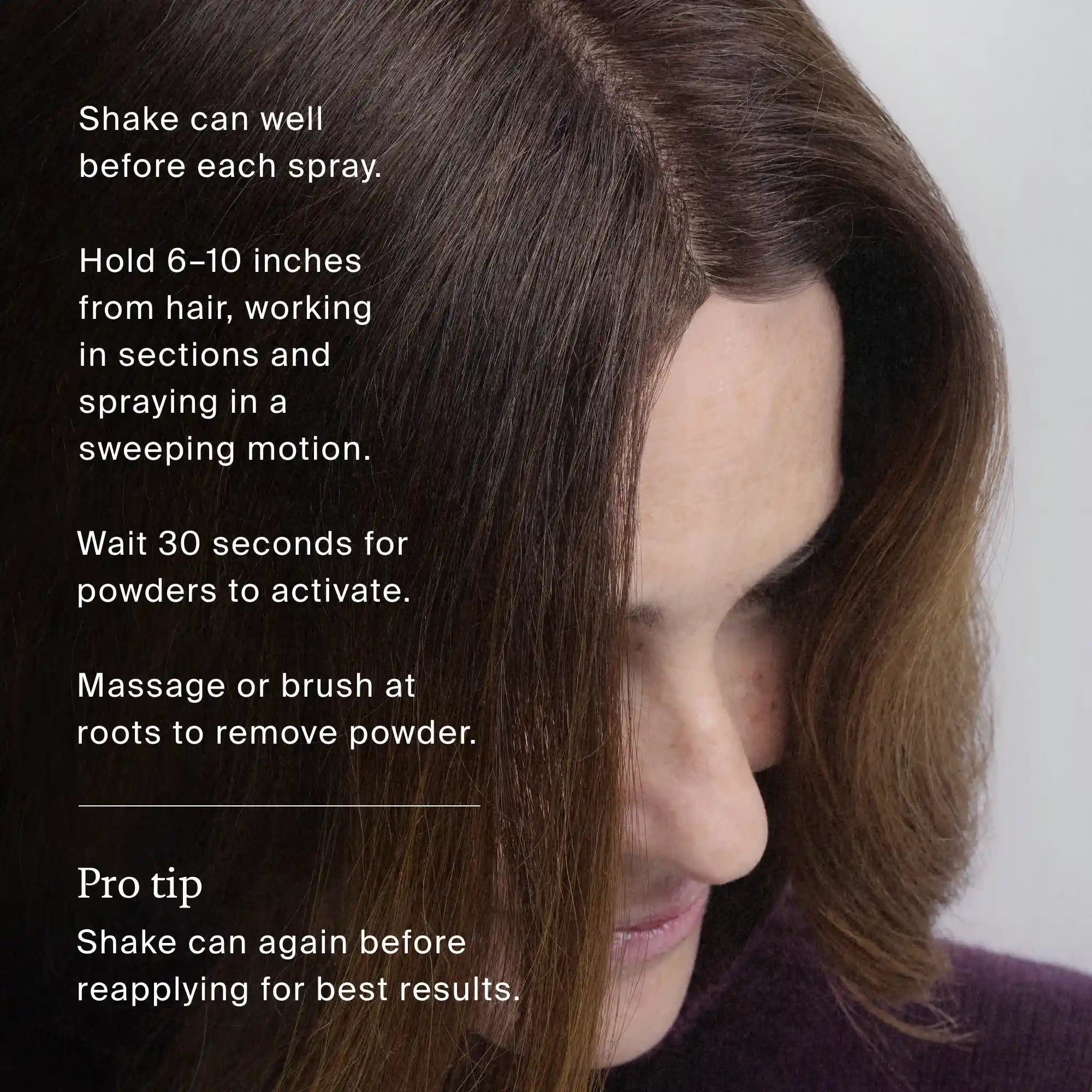 Close-up of a woman with brown hair, looking down. Text instructions for using Perfect hair Day™ Frosted Fig Advanced Clean Dry Shampoo (limited-edition) are overlaid on the left side of the image.