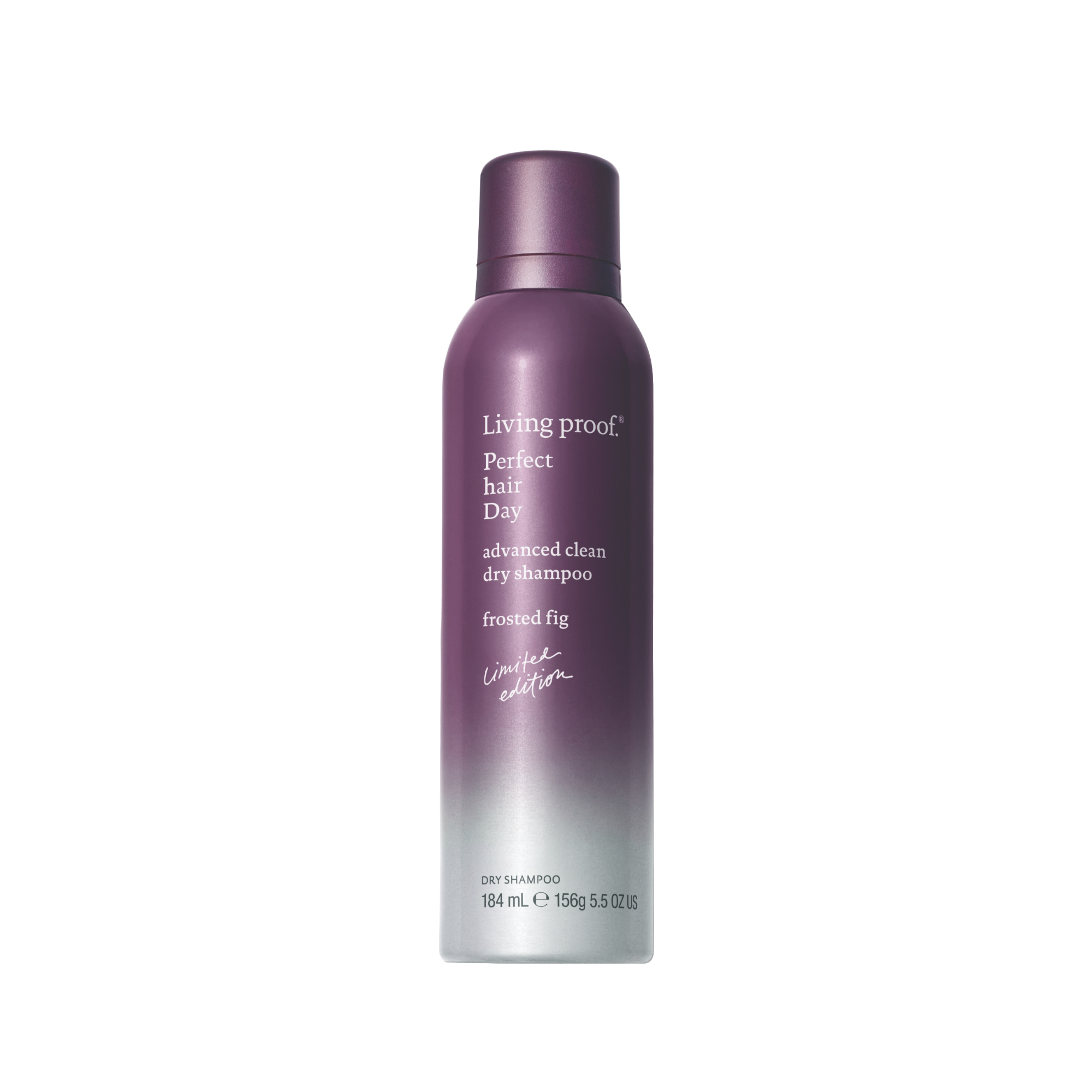 A purple and white aerosol can of Perfect hair Day™ Frosted Fig Advanced Clean Dry Shampoo, featuring a limited-edition scent of fig and coconut, stands upright on a white background.